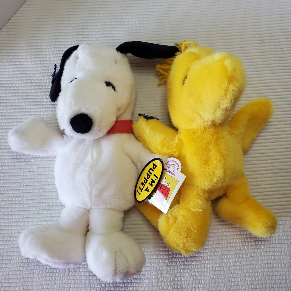 Peanuts Snoopy Woodstock Hand Puppet 14" 12" Applause Tags Vintage Stuffed Plush